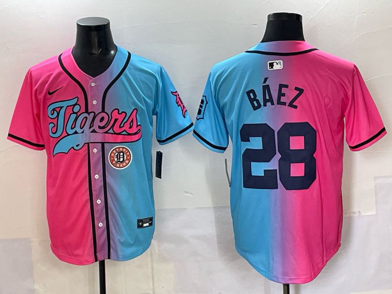 Men 2025 Detroit Tigers #28 Baez Blue pink Game Nike MLB Jersey style 08